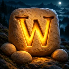The Wordstone app icon: a sandstone block with a glowing carved W