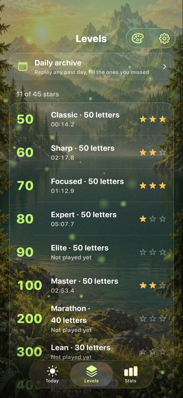 The Levels screen in Wordstone: levels 50 to 300 with their names, best times and stars, over the Forest Lake painting.