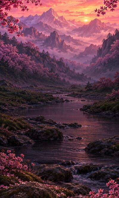 Blossom Valley: pink blossom along a river at dusk