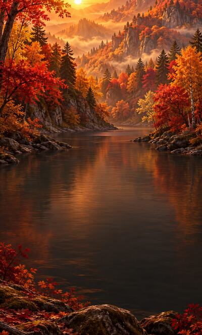 Autumn River: red and orange trees over a calm river