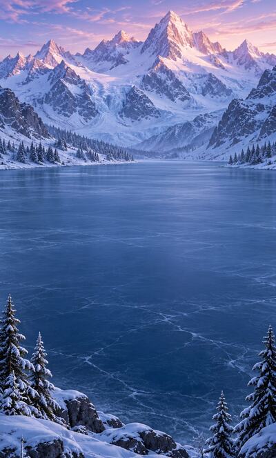 Frozen Lake: snowy peaks over a lake of blue ice