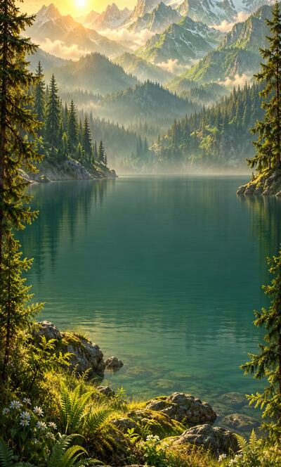 Forest Lake: a green lake under sunlit peaks, ferns in front