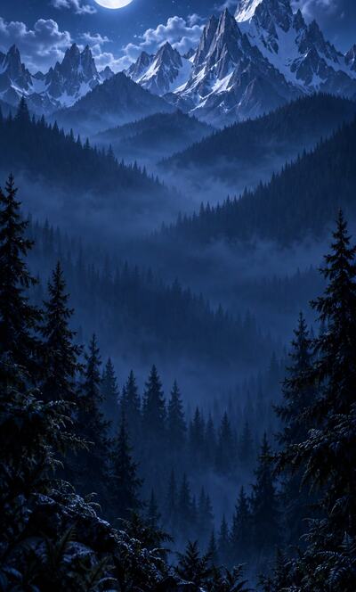 Pine Night: a dark pine valley under a full moon